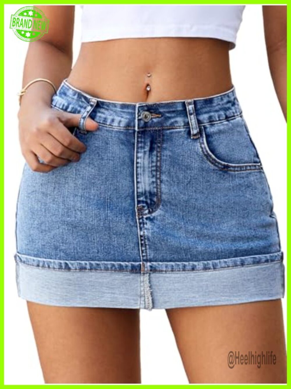 High Stretchy Mini Denim Skirt with Built-in Shorts Cuffed Hem
